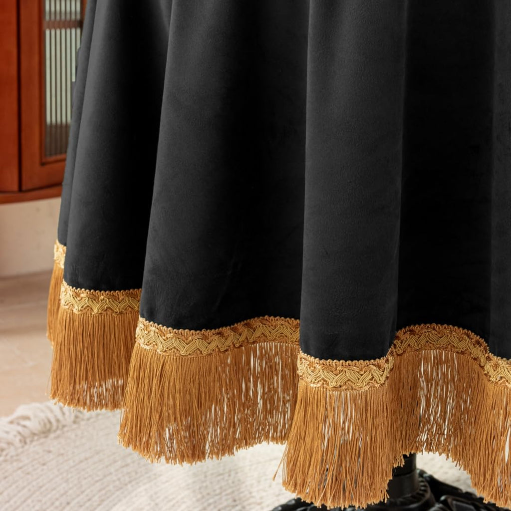 Black Velvet Tablecloth, Vintage Rectangular Table Cover, Luxurious Plush Velvet with Elegant Gold Tassel Trim