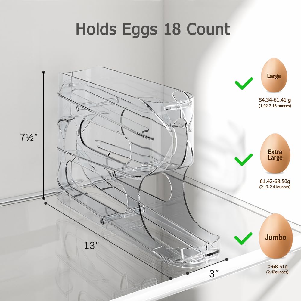 Clear FIFO Egg Holder for Fridge, Egg Dispenser for Eggs 18 Count