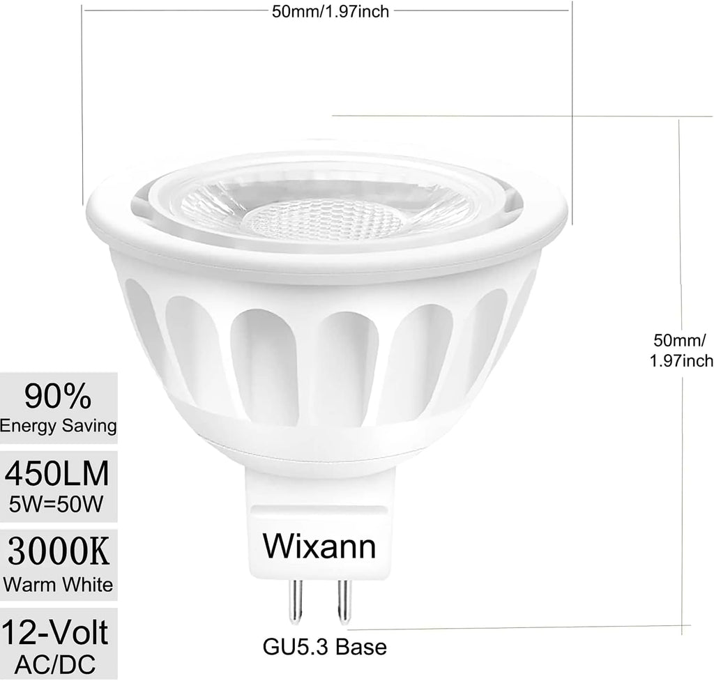 MR16 LED Bulb, 50W Halogen Equivalent, 5W 12V 3000K Soft Warm White, 450Lm GU5.3 Bi-Pin Base, 12V Spotlight Bulb, 40