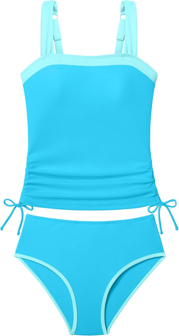 Teen Girls Tankini Swimsuit 2 Piece Bathing Suit Color-Block Drawstring Girls' Swimwear