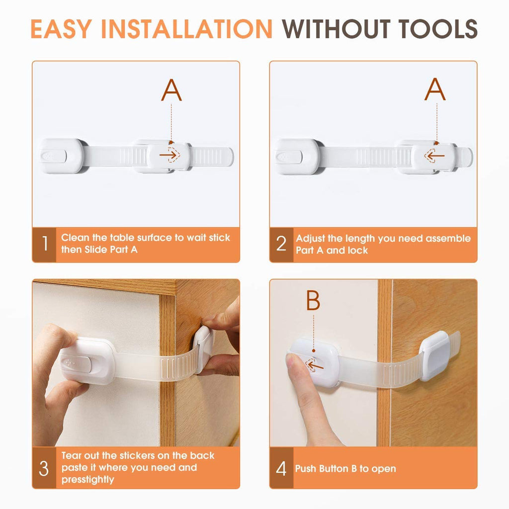 Baby Proofing Strap Locks for Cabinets and Drawers, 10 Pack, White