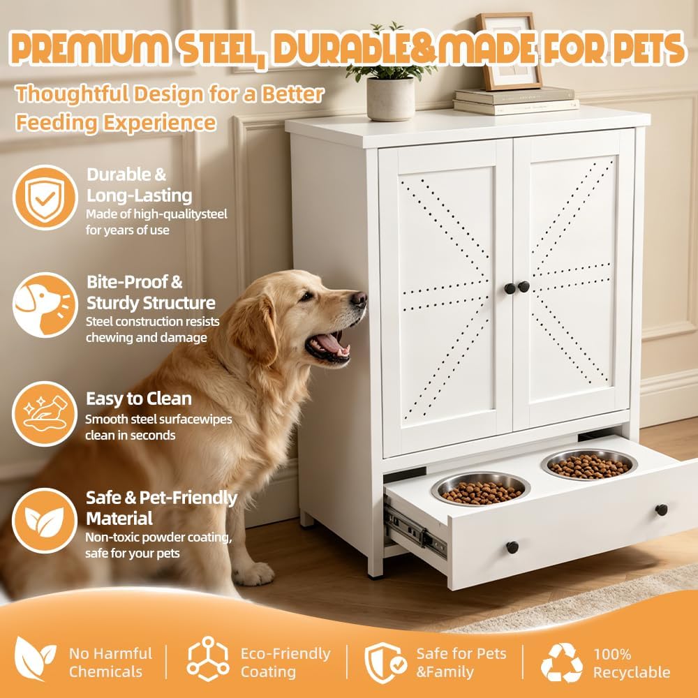 Dog Feeding Station with Storage Cabinet, Metal Pet Feeding Station with Storage, Dog Food Storage Cabinet with 2