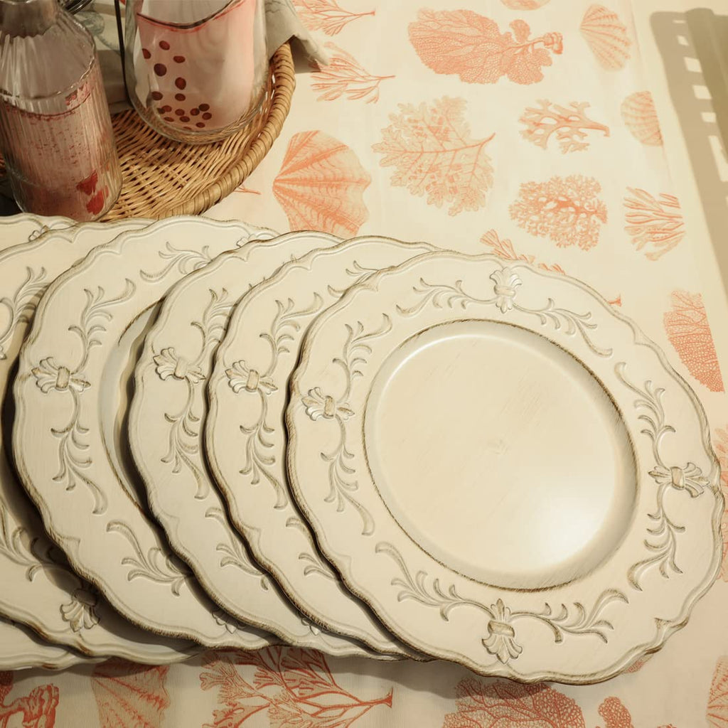 White Antique Charger Plate, 13" Embossed Plastic Table Plate Chargers for Dinner, Set of 6 Elegant Decorations for