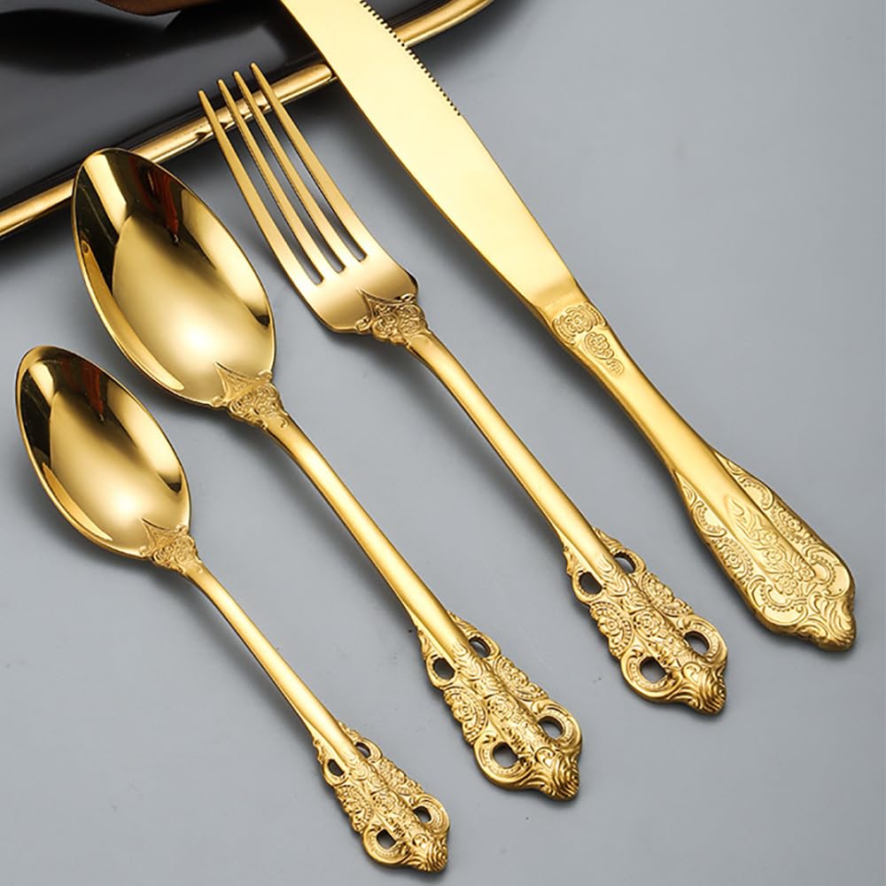 16-Piece Silver Gold Cutlery Set for 4, Two-Tone Silverware with Textured Handle, Modern Flatware with Knife, Fork