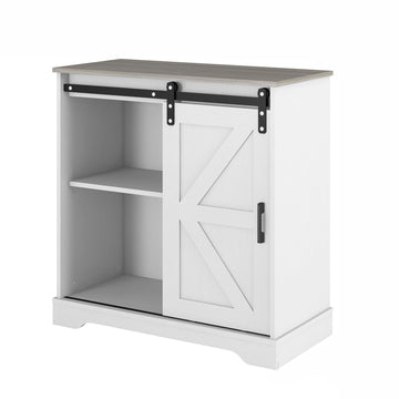 Sliding Barn Door Buffet Sideboard Storage Cabinet Coffee Bar Kitchen Farmhouse Style (White Cabinet Nature Top)