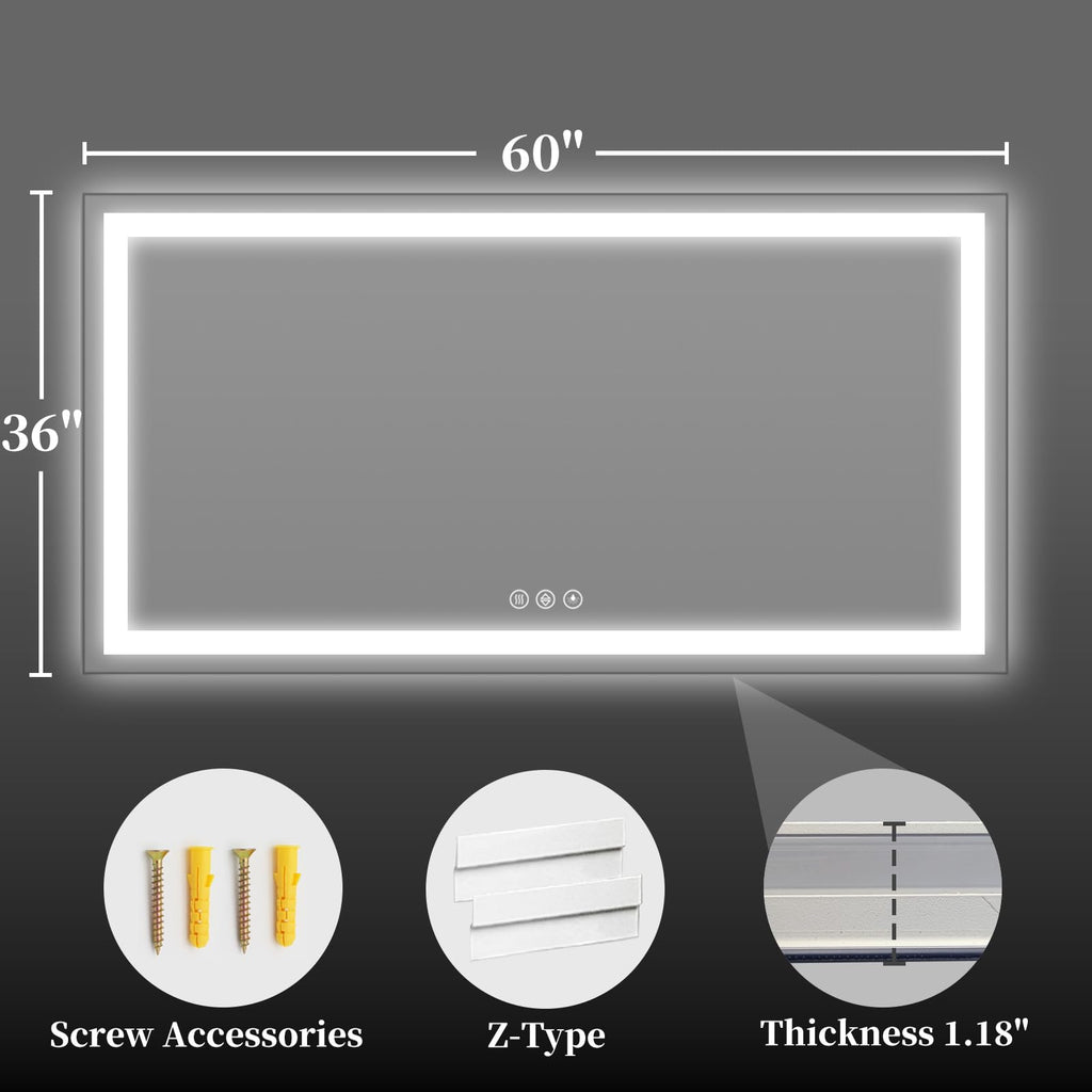 60"x36" LED Bathroom Mirror with Lights, Backlit+Frontlit, Anti-Fog