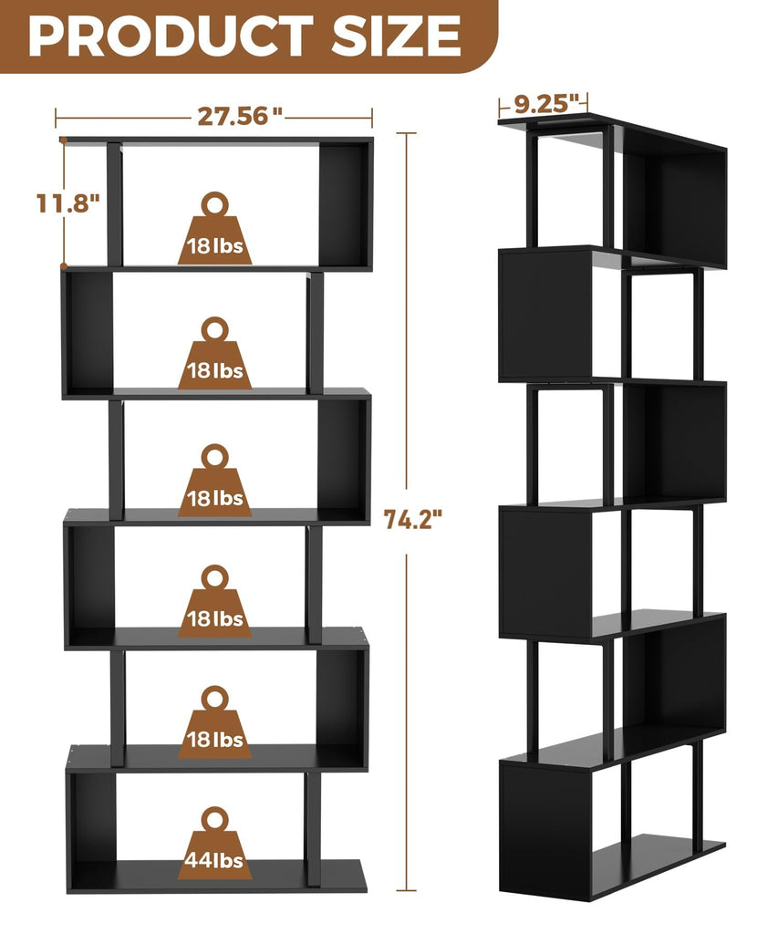 6 Tier Geometric Bookcase, Black Book Shelves, Modern Corner Bookcase Storage Shelf Wood, Black