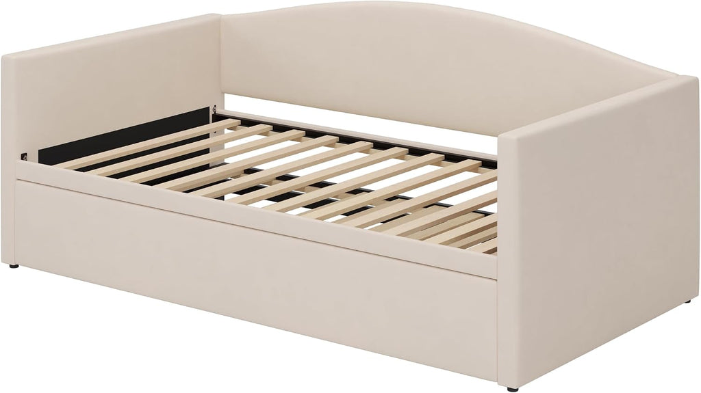 Twin-to-King Velvet Daybed with Extended Pop-Up Trundle, Beige | Space-Saving Upholstered Sofa Bed for Guest Rooms;