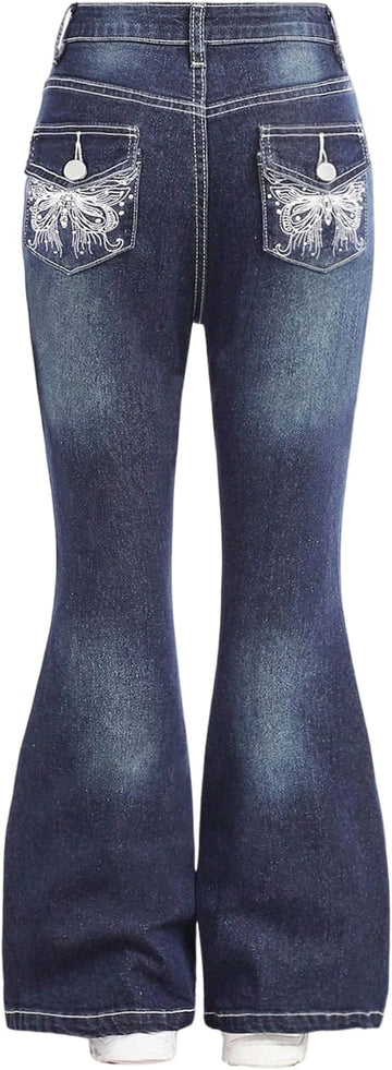 Girl's Y2K Flare Jeans Rhinestone Butterfly Denim Trousers