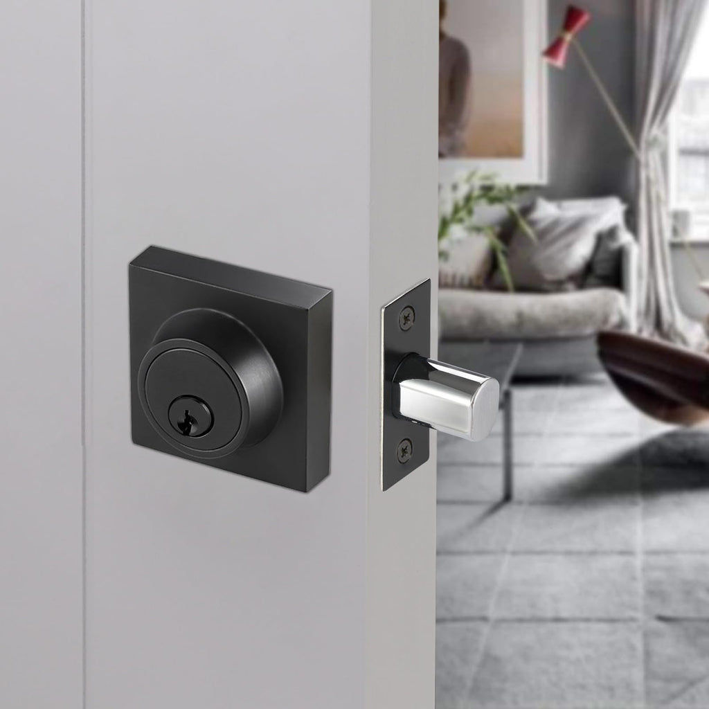 Square Single Cylinder Modern Deadbolt Lock with Keys, Matte Black Deadbolt for Front Door Entrance, Front Door