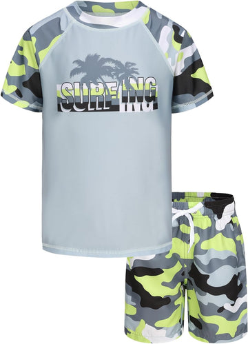 Boys Rash Guard Swimsuits Set for Boys 2 Piece Short Sleeve Swim Shirts Quick Dry Bathing Suits with Trunks