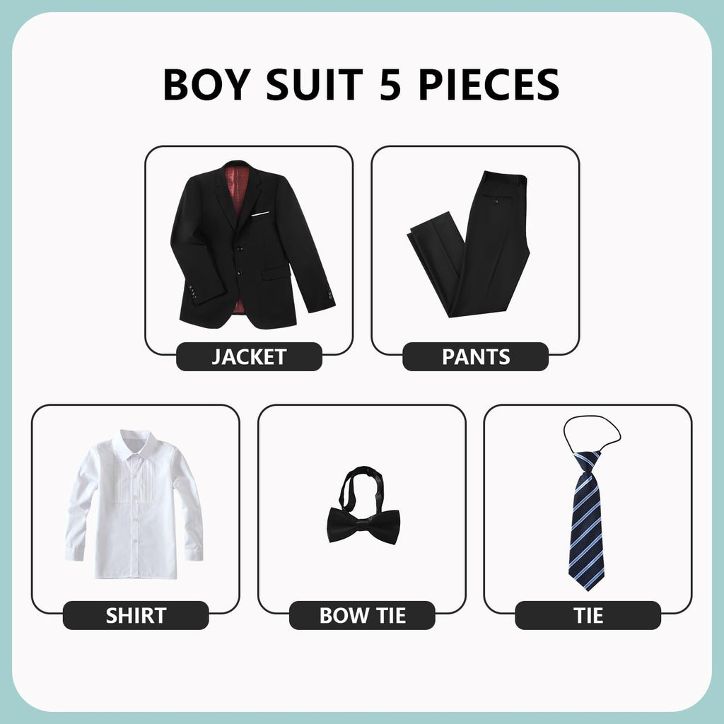 Boys Formal Suits Slim Fit 5 Piece Kids Jacket Pants Set with Shirt Tie