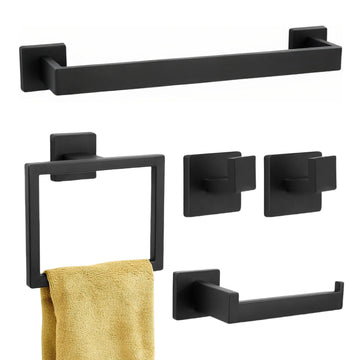 5-Piece Matte Black Bathroom Hardware Accessories Set - 16 Inch Stainless Steel Wall Mounted Towel Rack, Toilet Paper