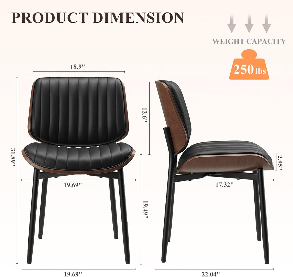Leather Dining Chairs Set of 2, Modern Upholstered Dining Room Kitchen Chairs with Metal Legs and Wooden Back Support