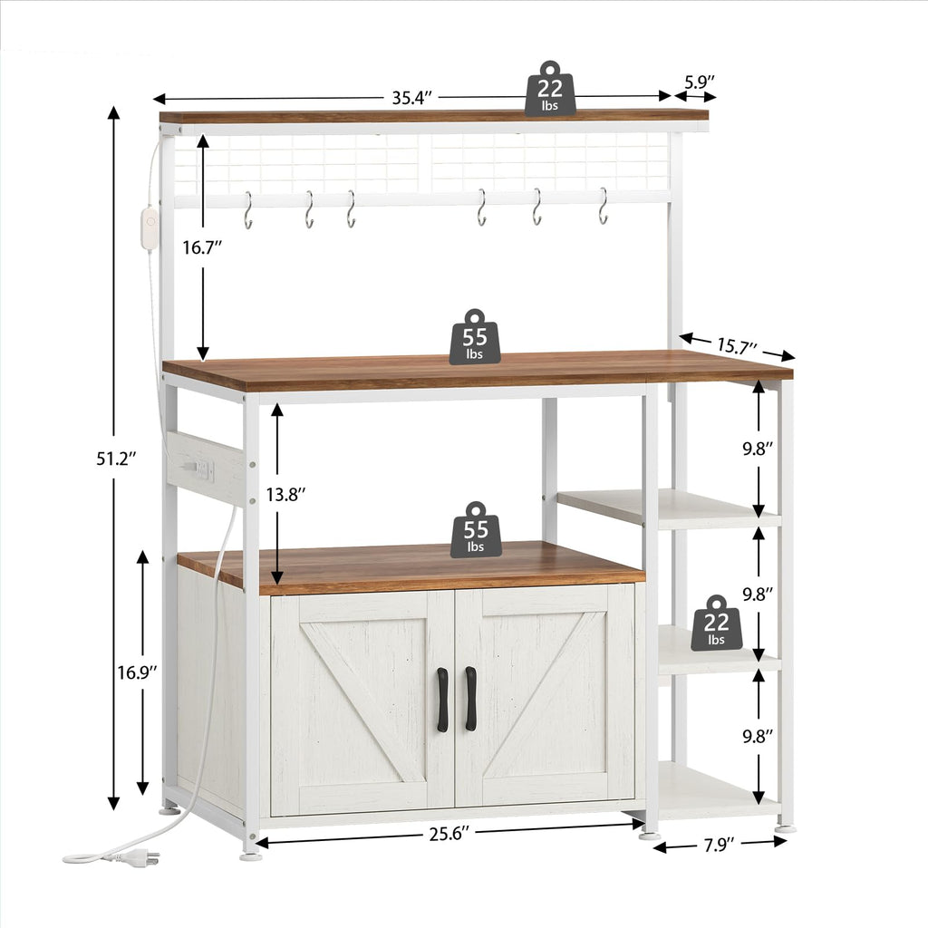 Bakers Rack with Power Outlet and LED Light, Microwave Stand with Storage Cabinet, Coffee Bar Cabinet Station with 6