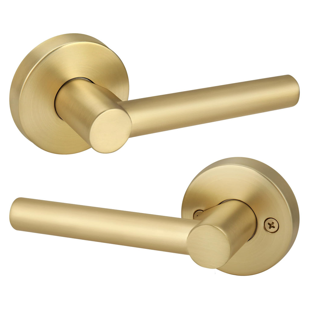 Brushed Gold Keyless Passage Door Lever, Heavy Duty Gold Interior Door Handle, Round Non-Locking Door Lock or Closet