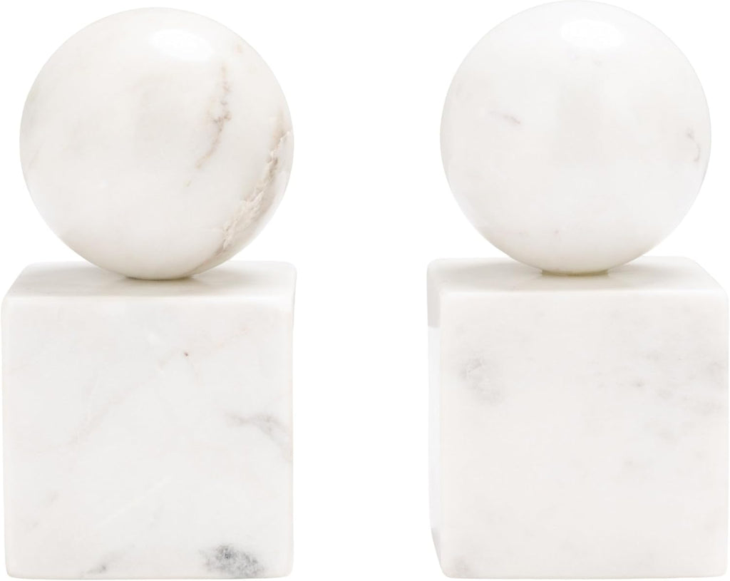 2-Piece Marble Geometric Bookends, White