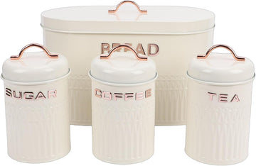 Kitchen Canister Set with Bread Box for Countertop, 4PC Iron Coffee Tea Sugar Canisters Storage with Lid, Airtight