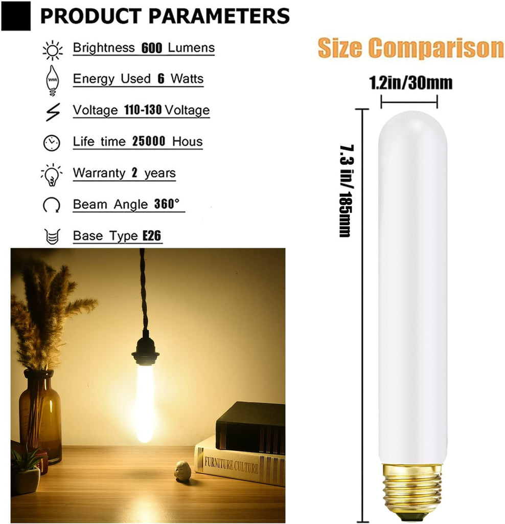 T10 LED Light Bulb 7.3inch E26 Base Matt Opal Porcelain Warm White 2700K Dimmable Edison 6W Led Tubular Bulb,600LM,60