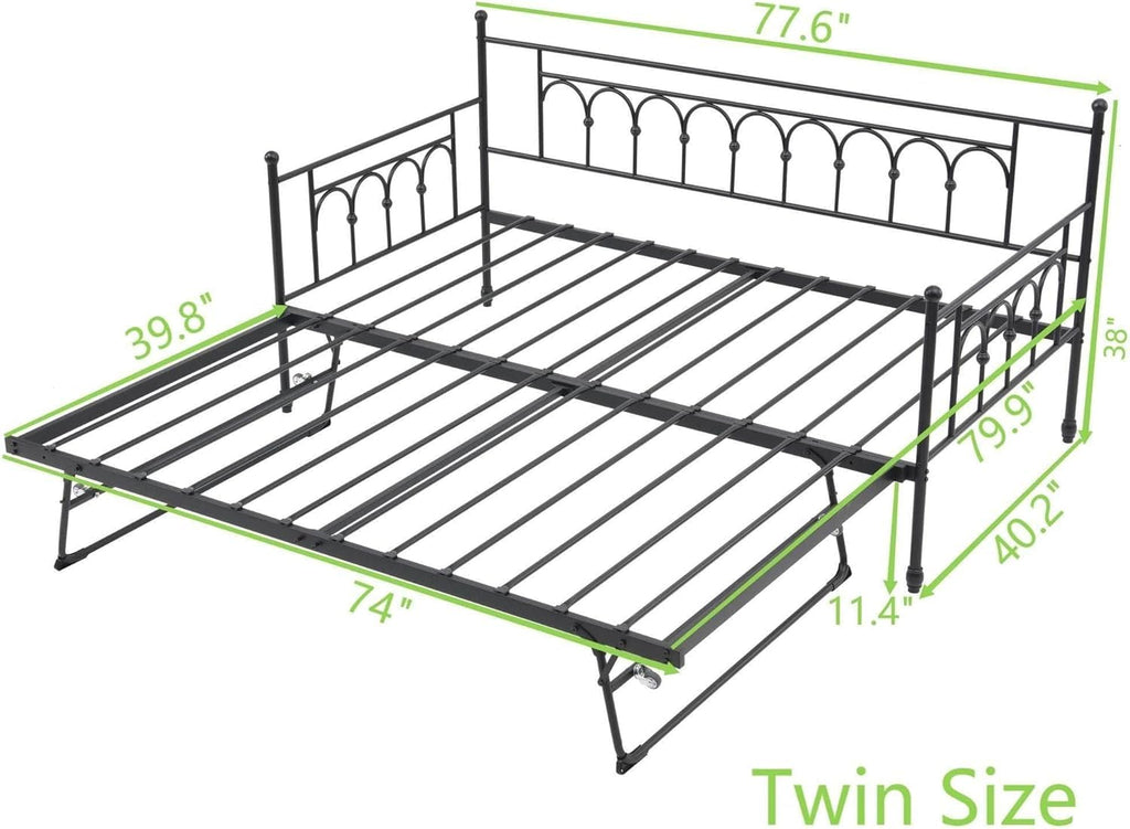 Day Bed with Trundle Bed Twin Pop Up, Height Adjustable Twin Daybed with Trundle Pop Up, Metal Sofa Bed Frame with