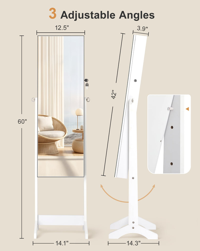 Freestanding Jewelry Cabinet, Full Length Mirror, Moon White