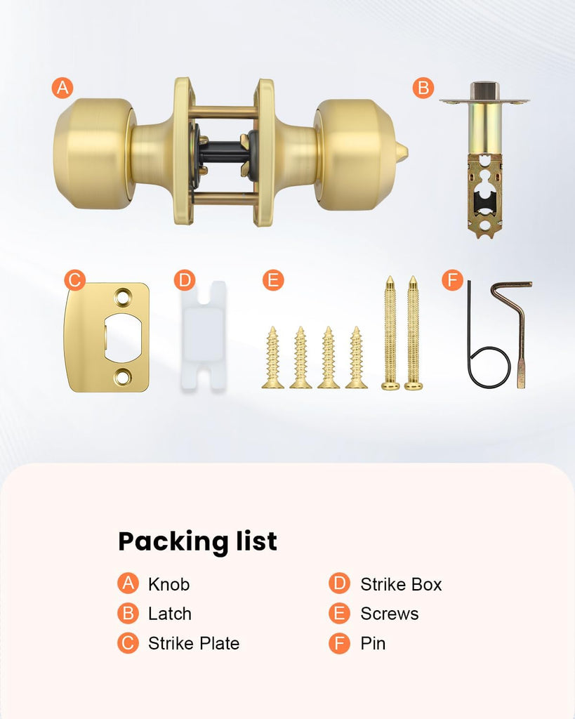 6 Pack Gold Door Knobs, Interior Door knobs, Privacy Door Knob or Bathroom, Brushed Gold Door Knob