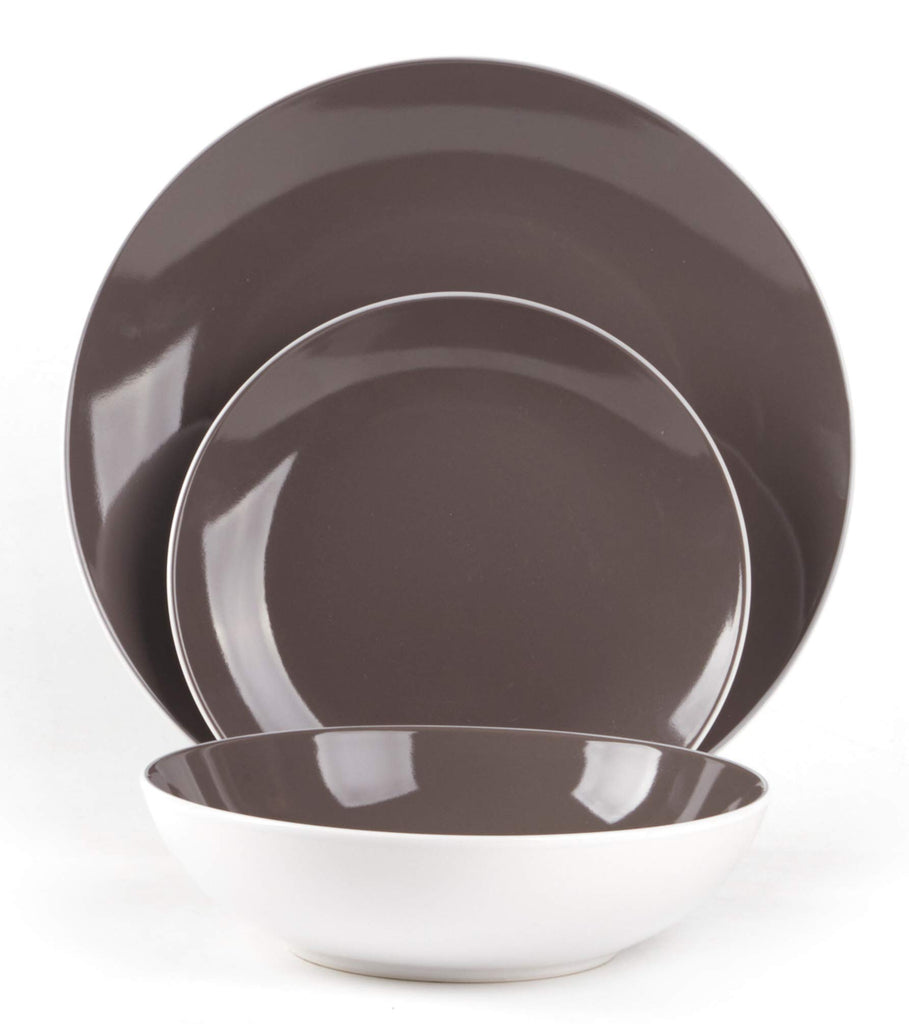 Stoneware Coupe Shape 18pc Dinnerware Set, Outside White + Inside Taupe