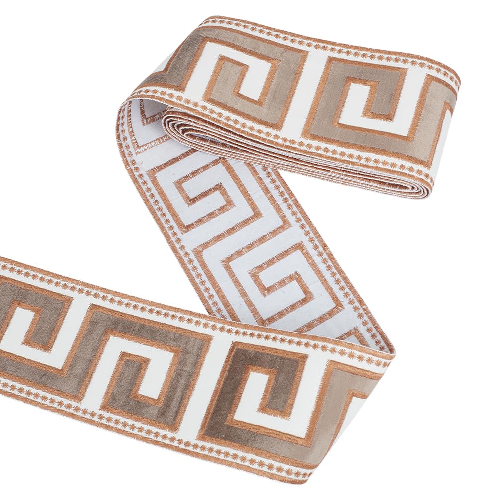 Embroidered Drapery Trim 3-3/4 inch Wide Polyester Jacquard Grid Ribbon Tan Color Drapery Trim for Curtain