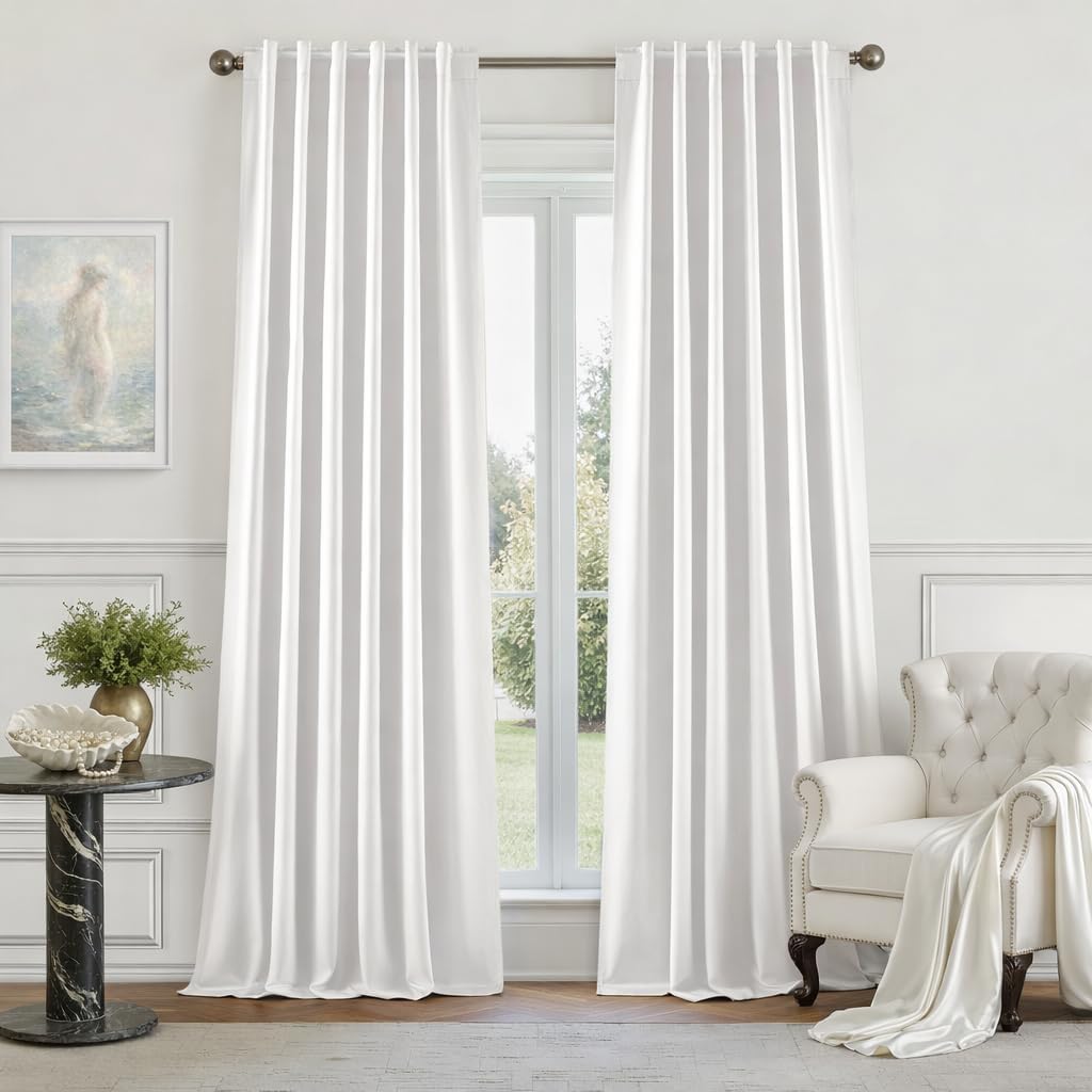 100% Blackout Faux Silk Curtains,Greyish White Noise Reduction Thermal Insulated Room Darkening Window Drapes, Luxury