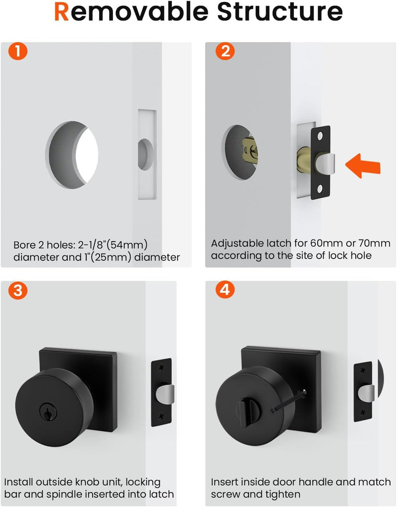 Entry Door Knob with Lock and Key - Zinc Alloy Matte Black Front Door Lockset or Interior Use