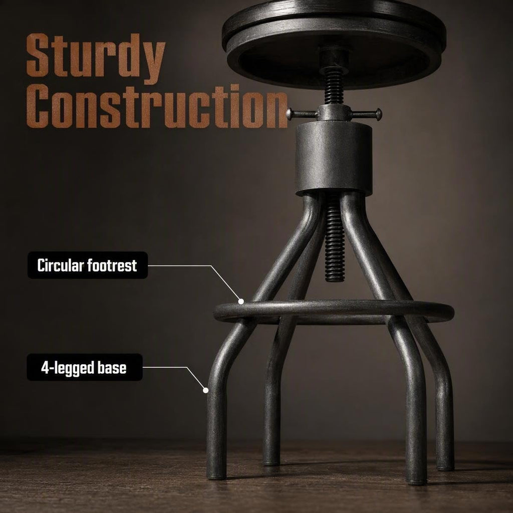 Set 2 Industrial Bar Stool-Vintage Adjustable Round Wood Metal Swivel Stools-23-30 Inch Tall Counter Bar Height