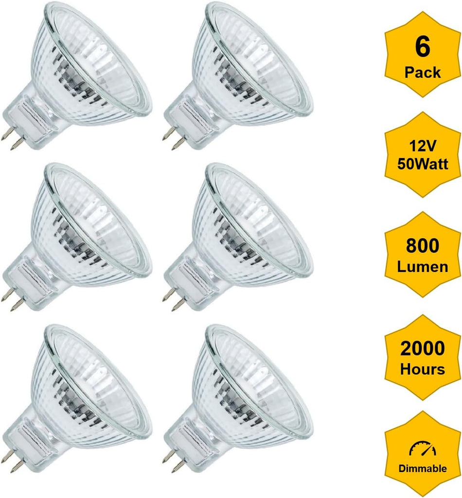 6PCs MR16 12V 50W EXN High Output 800LM Halogen Bulb GU5.3 Pin Base, 2-Inch 38° Beam Angle, UV Stop Tempered Glass