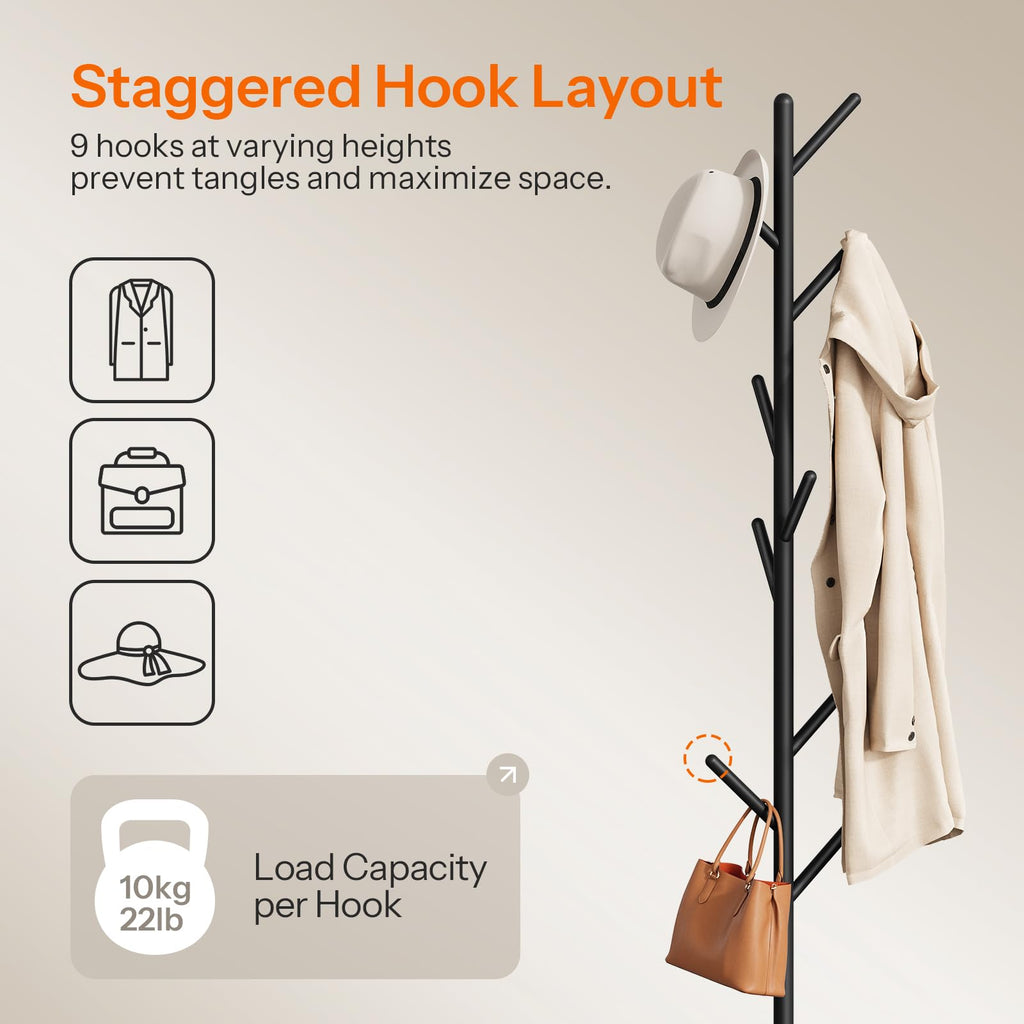 Coat Rack Stand with 9 Hooks, Metal Freestanding Coat Tree with Wooden Base, Heavy Duty Hall Tree, Space Saving Coat