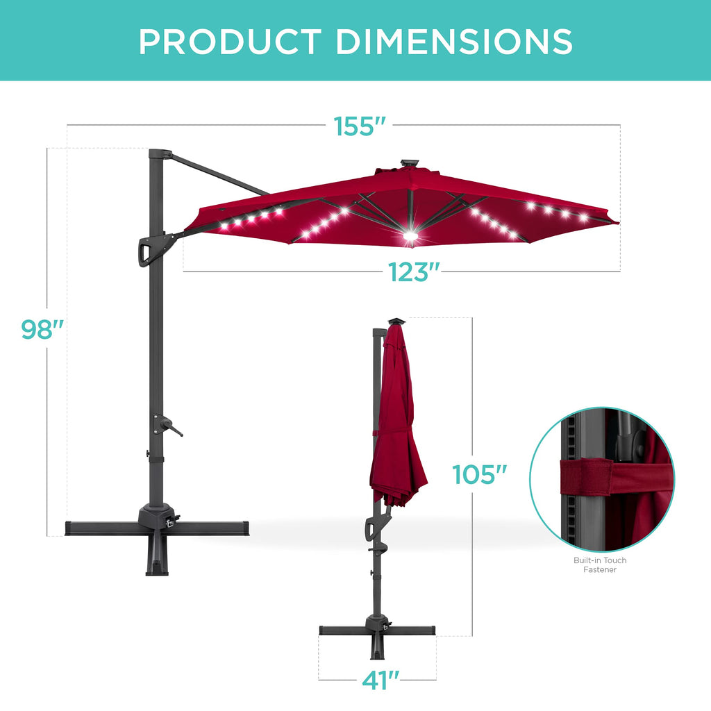 10ft Solar LED Cantilever Patio Umbrella, 360-Degree Rotation Hanging Offset Market Outdoor Sun Shade for Backyard