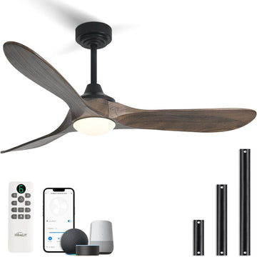 Inspired Maverick Style 52" Outdoor Ceiling Fan with Light and Remote via WIFI Alexa, 3 Walnut Solid - Dark Brown