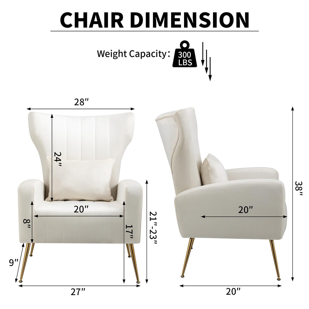 Velvet Accent Chair Bedroom, Modern Arm Chair with Wingback & Gold Metal Legs, Lumbar Pillow Included, White