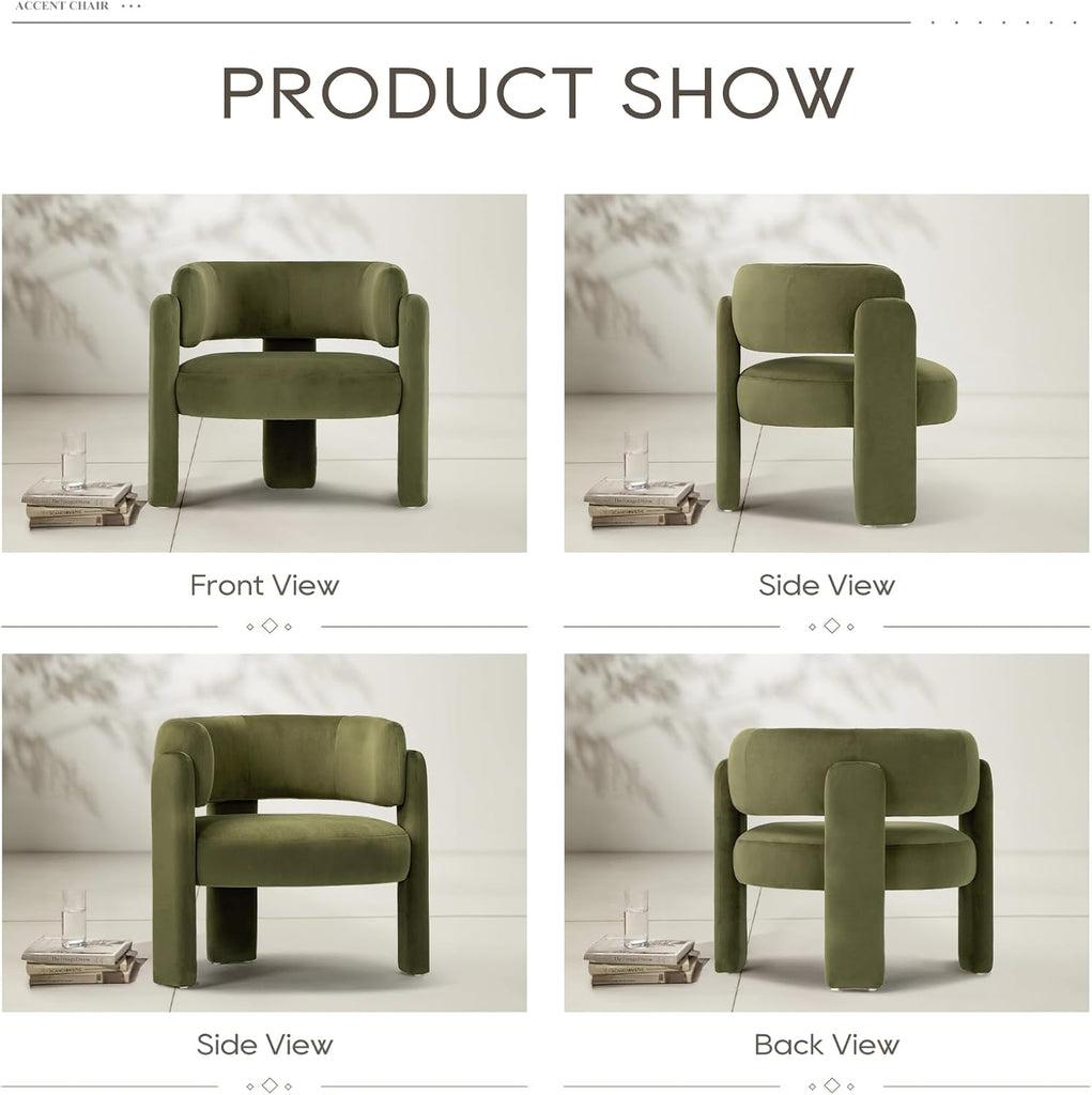 Modern Velvet Accent Chair Set of 2, Upholstered Barrel Chairs, Comfy Side Arm Chairs with 3 Legs , Reading, Green