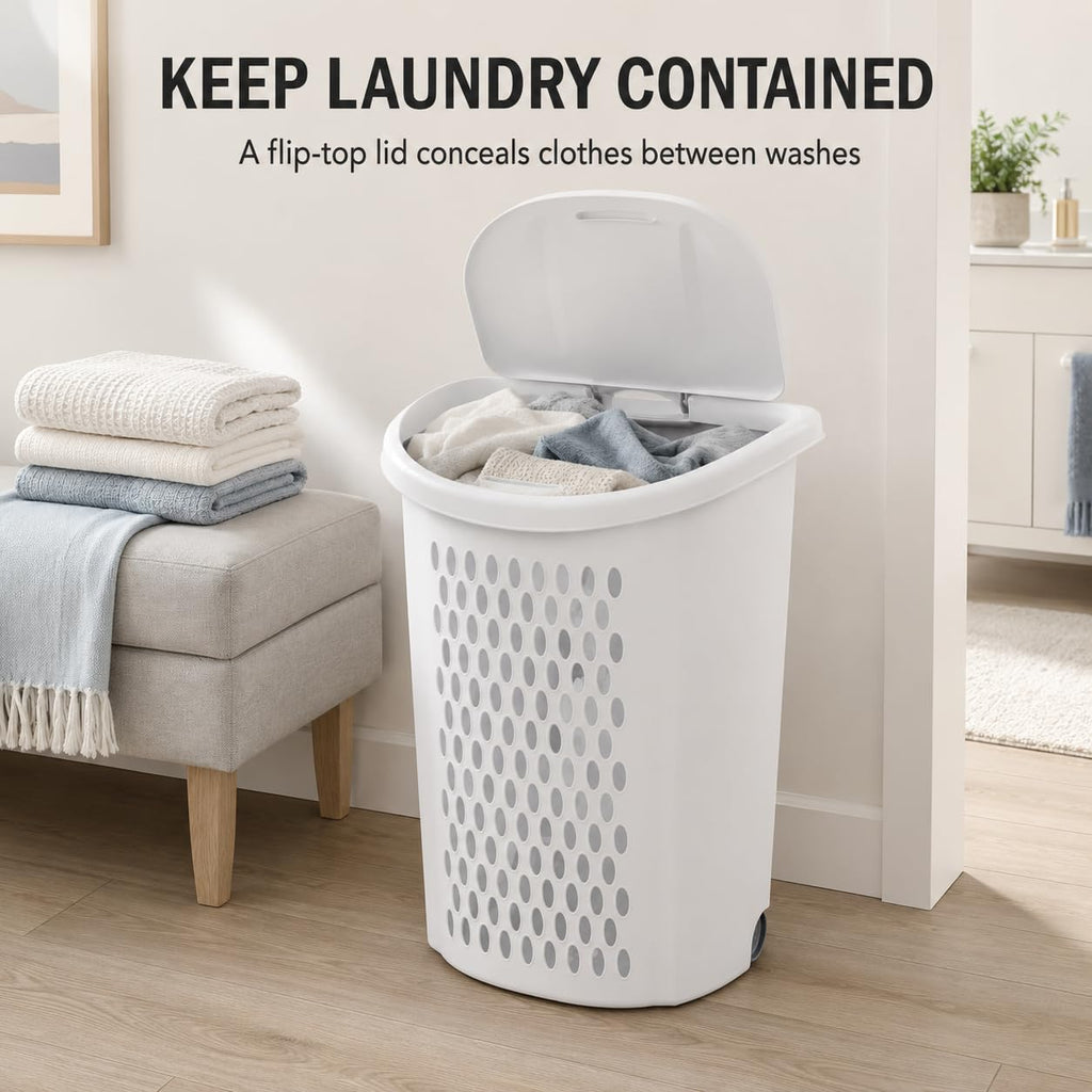 White Rolling Laundry Hamper with Wheels & Handle, 2 Bushel