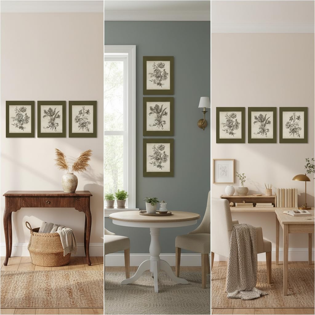 Vintage Botanical Wall Art Set of 3, Olive Green Floral Canvas Prints, Antique Flower Illustrations Bedroom Bathroom