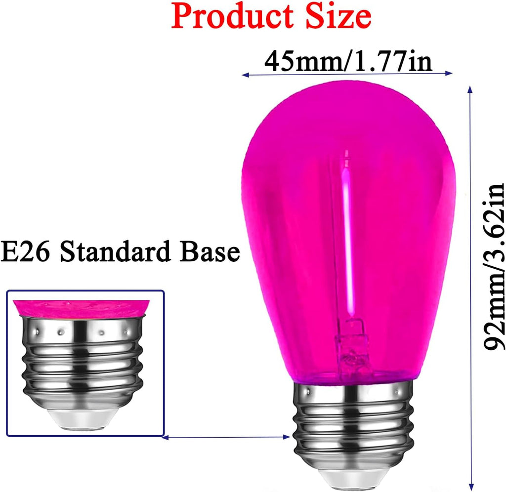 S14 Pink LED Bulb 1W Shatterproof Replacement Light Bulb E26 Base LED Filament Edison Colored Lights Waterproof