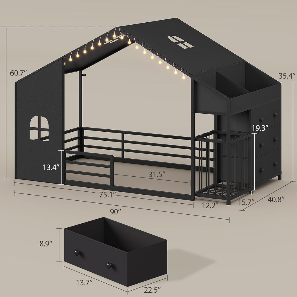 Montessori Twin Size Floor Bed, House Shape Bed, Tent, Children's Night Light, Toy Storage Cabinets, Drawer, Picture