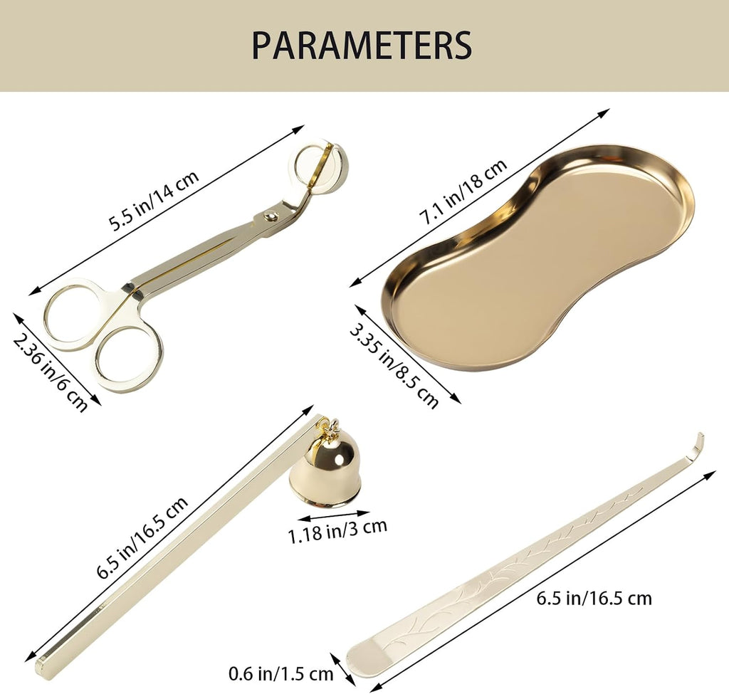 Gold Essential Candle Accessory Set, Precision Wick Trimmer Elegant Wick Dipper, Stylish Snuffer Tray Holder - Set of 4