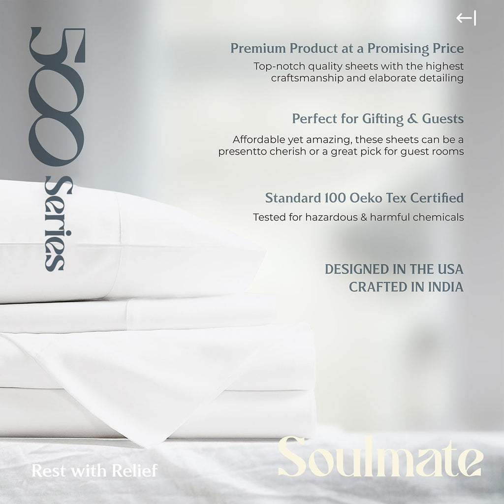 100% Egyptian Cotton Pillow Cases Queen Size Set of 4 - Luxury 500 Series Soulmate Collection Cotton Pillowcases