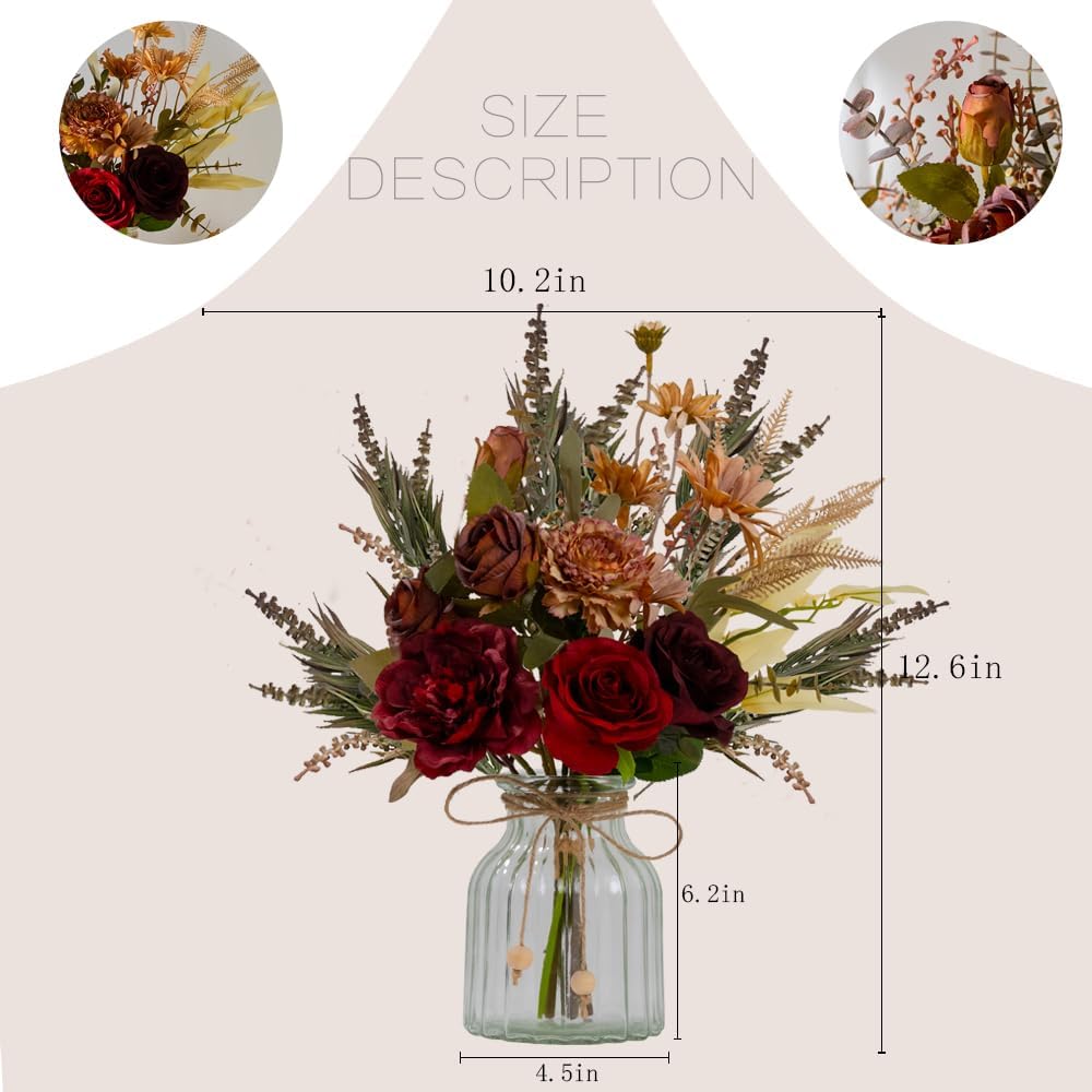 Dahlia Flower Aritificial Flower with Vase Fake Silk Flowers in Glass Vase Faux Rose Flowers Arrangement Table