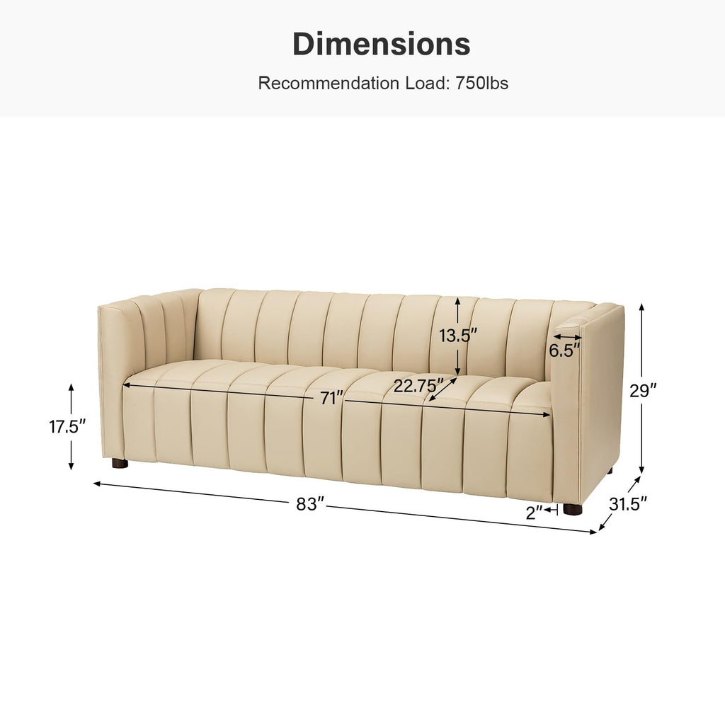 83" Genuine Leather Sofa with Channel Tufted Design, Beige