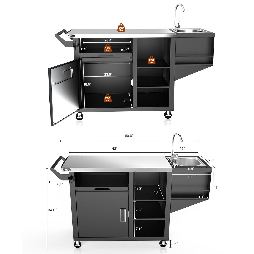 Outdoor Grill Cart on Wheel, Pizza Oven Table with Sink & Storage, 20"x42" Stainless Steel Prep Table Kitchen Island
