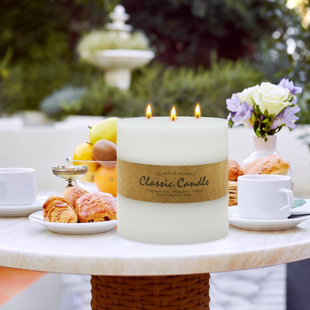 Large 3-Wick White Pillar Candle Decoration - 6x6 Inch