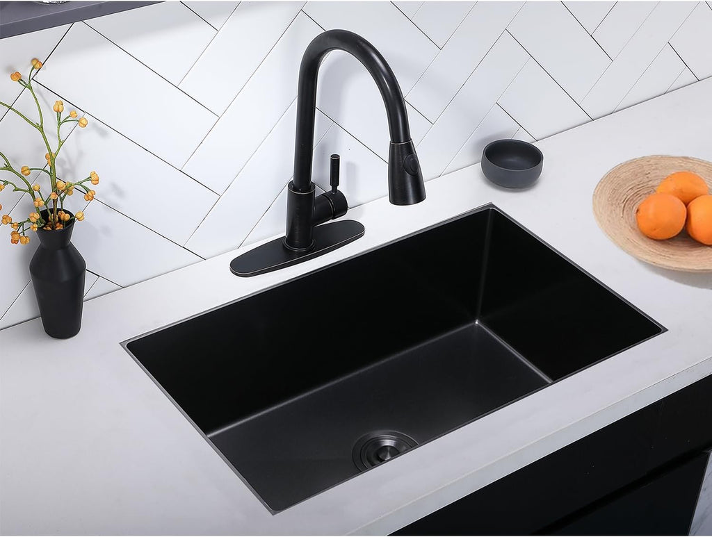 32 Inch Nano Black Undermount Kitchen Sink Stainless Steel Deep Single Bowl, 32"x18" Gunmetal Black 16-Gauge Zero