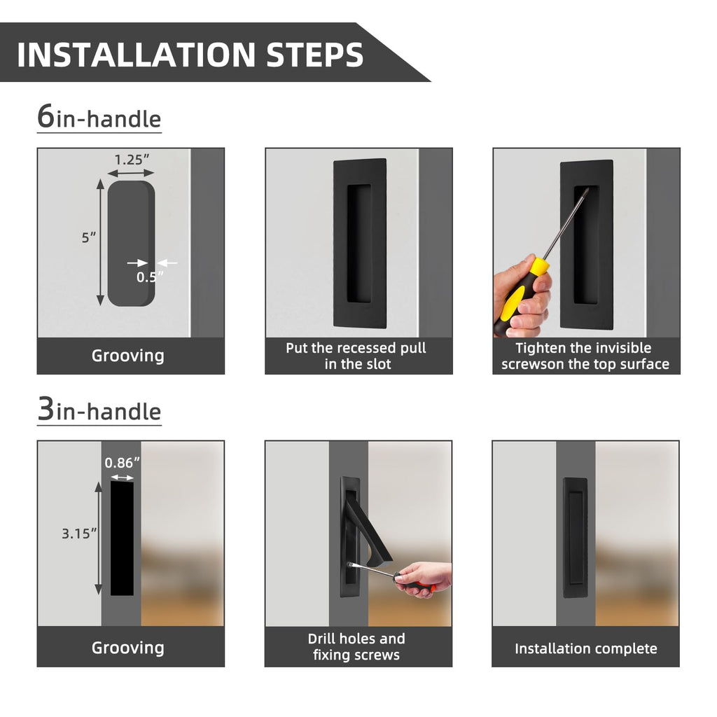 Pocket Door Handles and Edge Pull Matte Black, 6Inch Handles Hardware Latch,Recessed Finger Flush Pulls,for