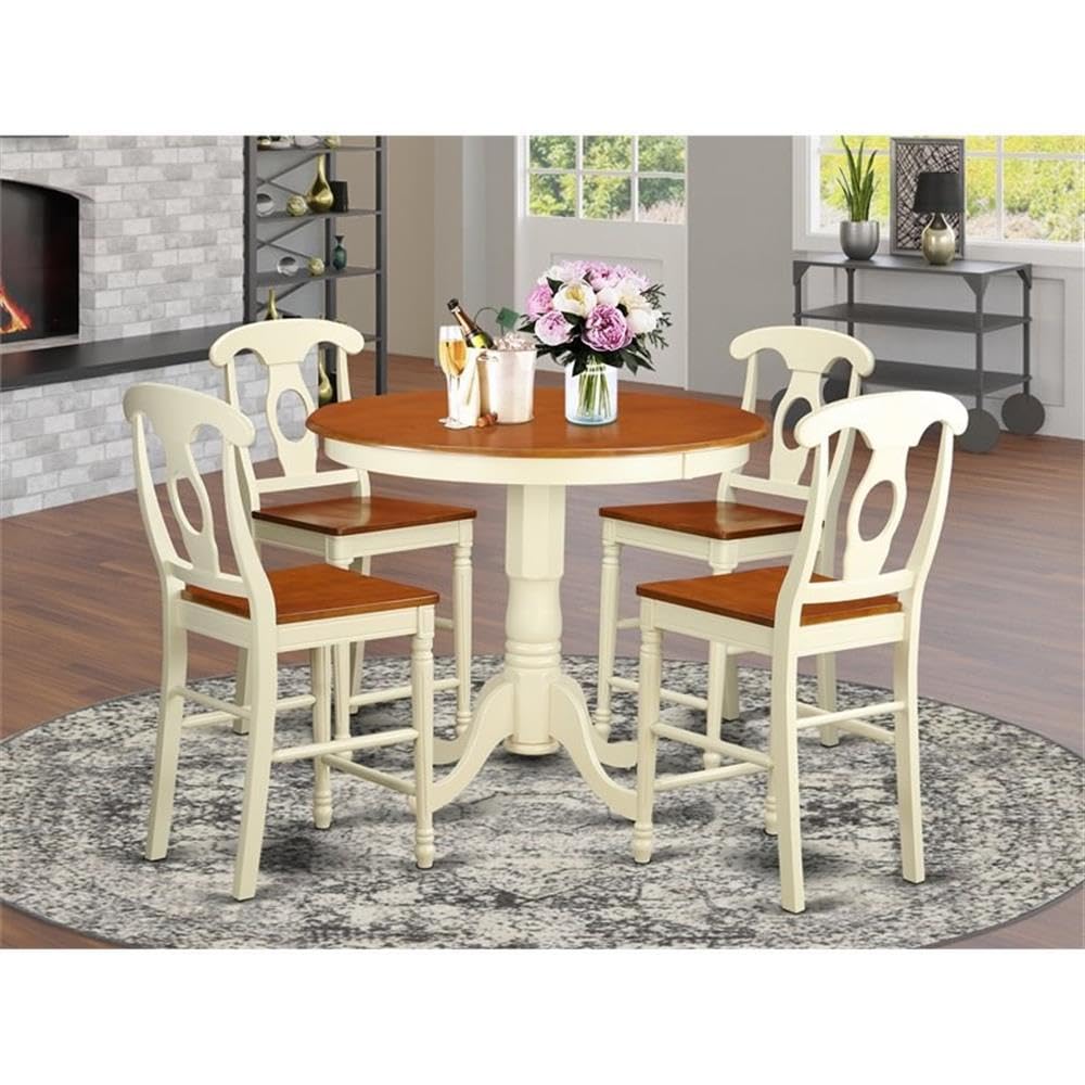 5 Piece Kitchen Counter Height Dining Table Set Includes a Round Wooden Table with Pedestal and 4 Dining